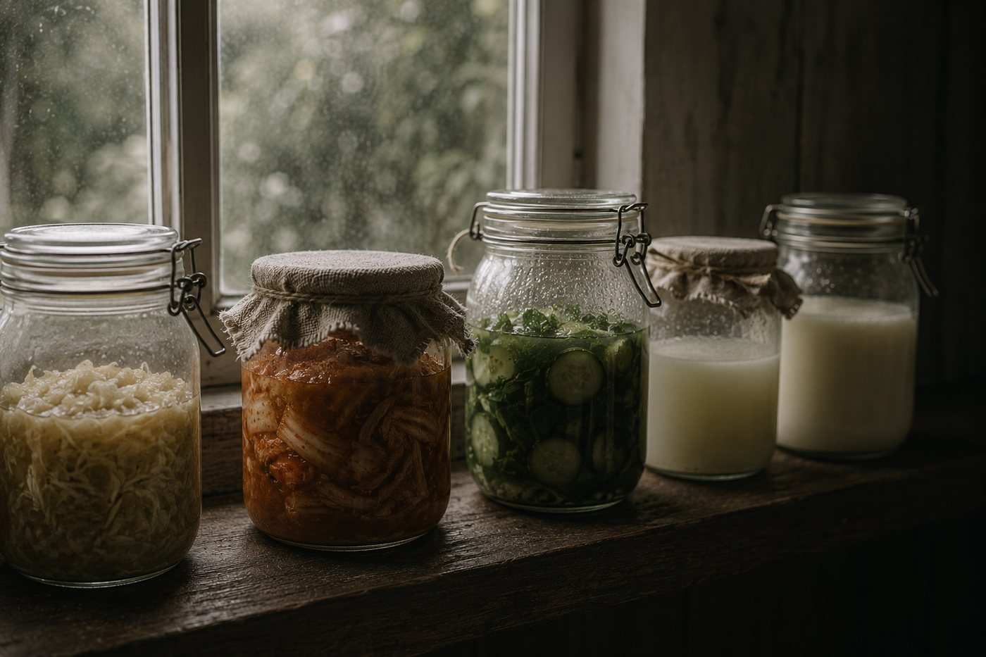 Jars of ferments on a windowsill