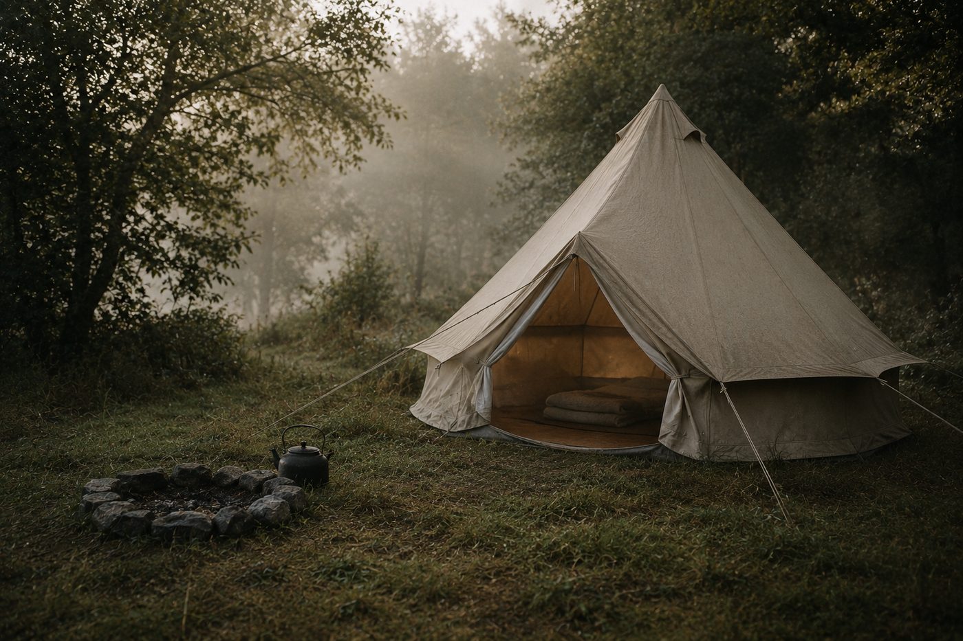 Canvas bell tent in a woodland clearing