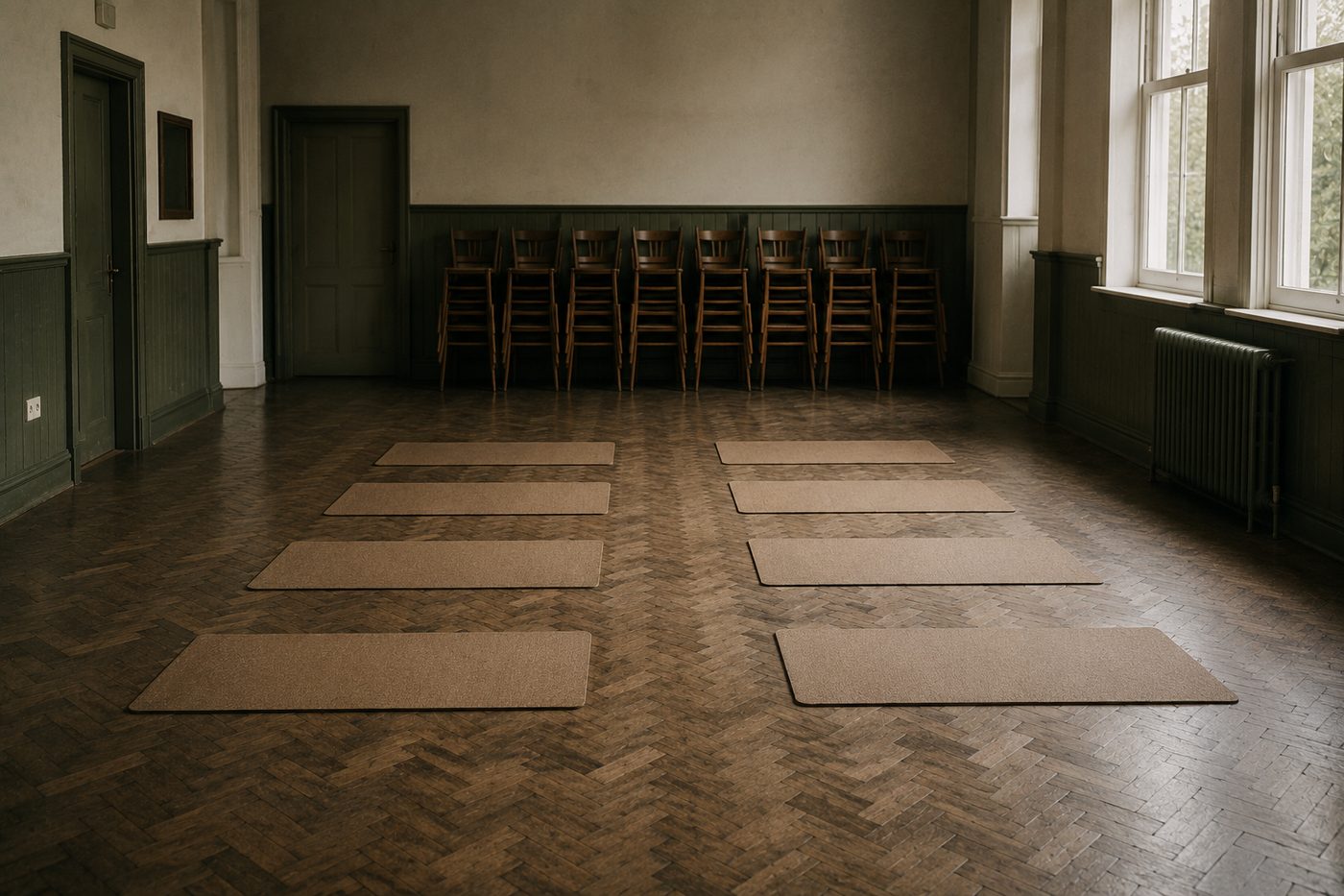 Yoga class in a village hall