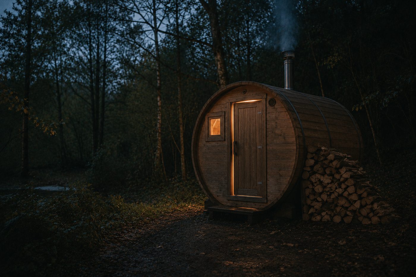Wood-fired cedar sauna at dusk